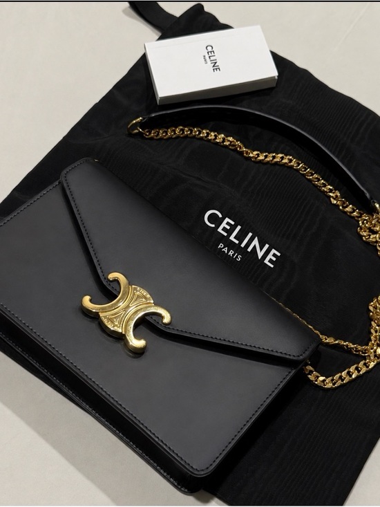 Celine Handbags - CELINE Margo Black Triomphe Leather Shoulder Bag with Gold Chain